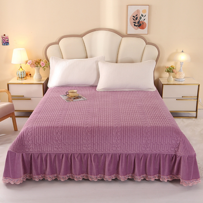 91家纺网 家纺一手货源 找家纺 栩裕纺织 2025新款宝宝绒夹棉单床盖-大蕾丝花边款 紫色