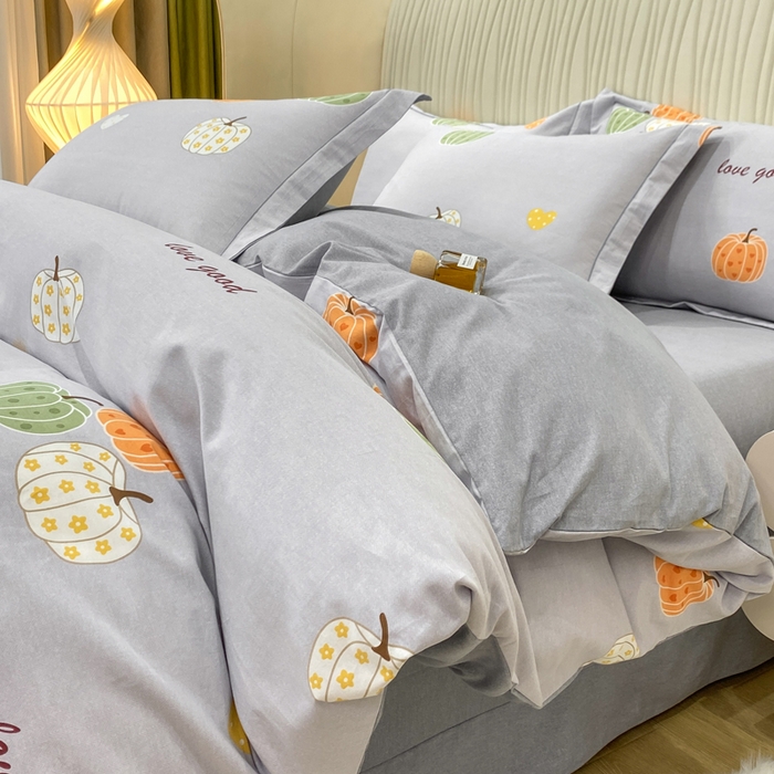 昊翔家纺 2025新款100%全棉纯棉加厚磨毛四件套 南瓜甜心-灰