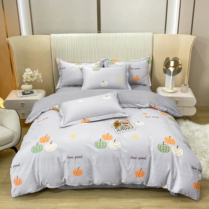 91家纺网 家纺一手货源 找家纺 昊翔家纺 2025新款100%全棉纯棉加厚磨毛四件套 南瓜甜心-灰