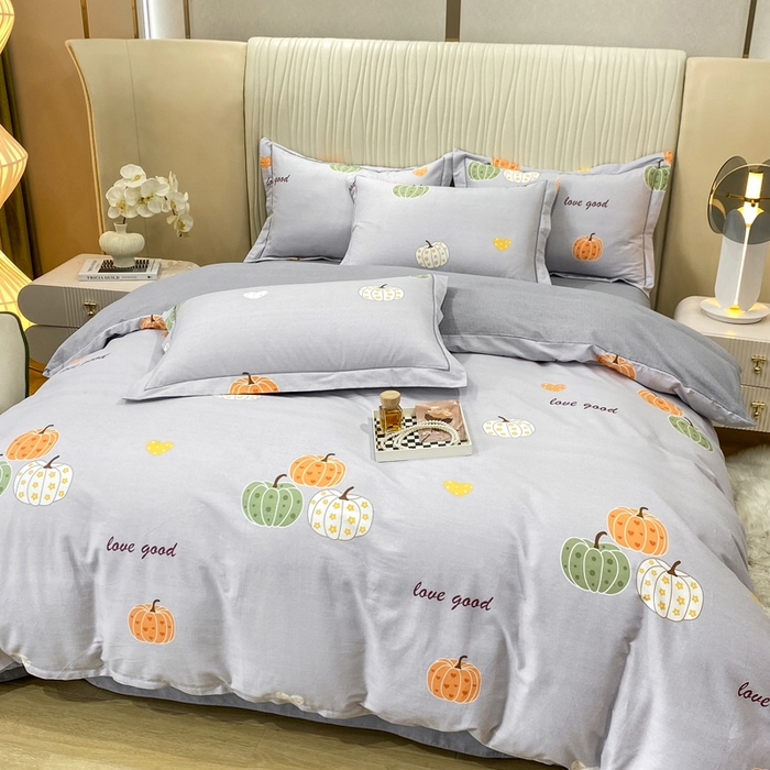 91家纺网 家纺一手货源 找家纺 昊翔家纺 2025新款100%全棉纯棉加厚磨毛四件套 南瓜甜心-灰