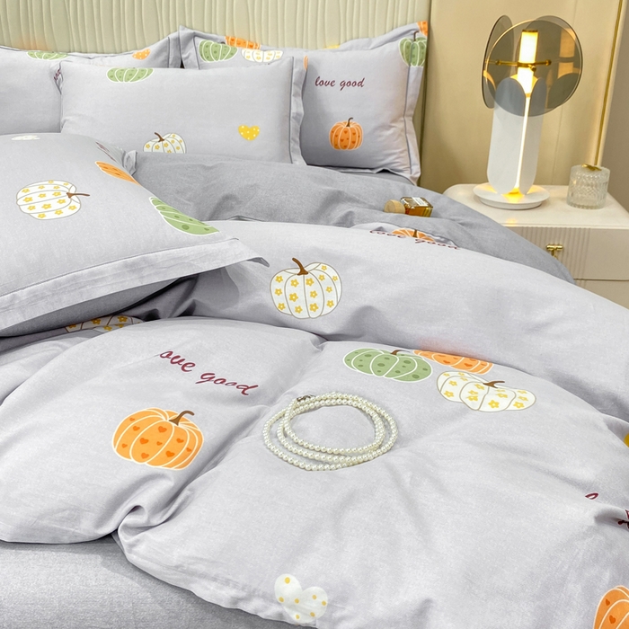 91家纺网 家纺一手货源 找家纺 昊翔家纺 2025新款100%全棉纯棉加厚磨毛四件套 南瓜甜心-灰