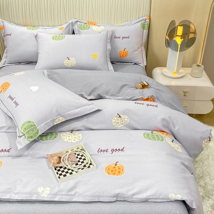 91家纺网 家纺一手货源 找家纺 昊翔家纺 2025新款100%全棉纯棉加厚磨毛四件套 南瓜甜心-灰