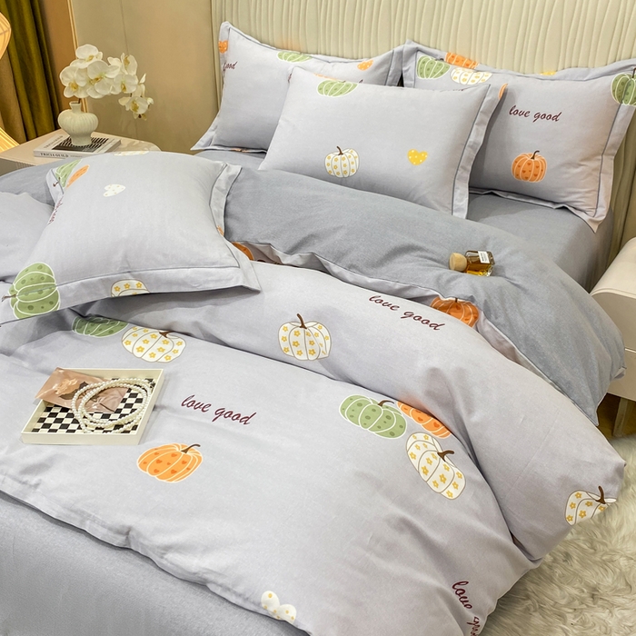 91家纺网 家纺一手货源 找家纺 昊翔家纺 2025新款100%全棉纯棉加厚磨毛四件套 南瓜甜心-灰