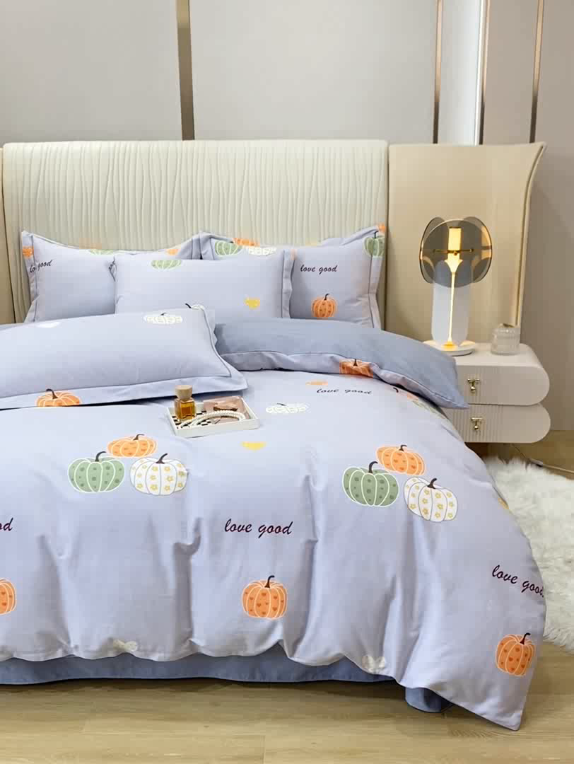 91家纺网 家纺一手货源 找家纺 昊翔家纺 2025新款100%全棉纯棉加厚磨毛四件套 南瓜甜心-灰