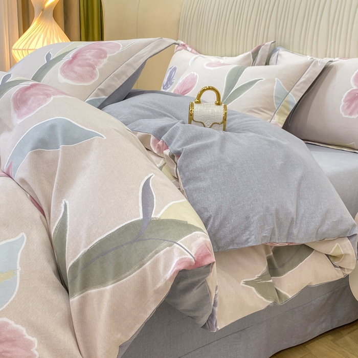 昊翔家纺 2025新款100%全棉纯棉加厚磨毛四件套 轻盈花语-豆沙