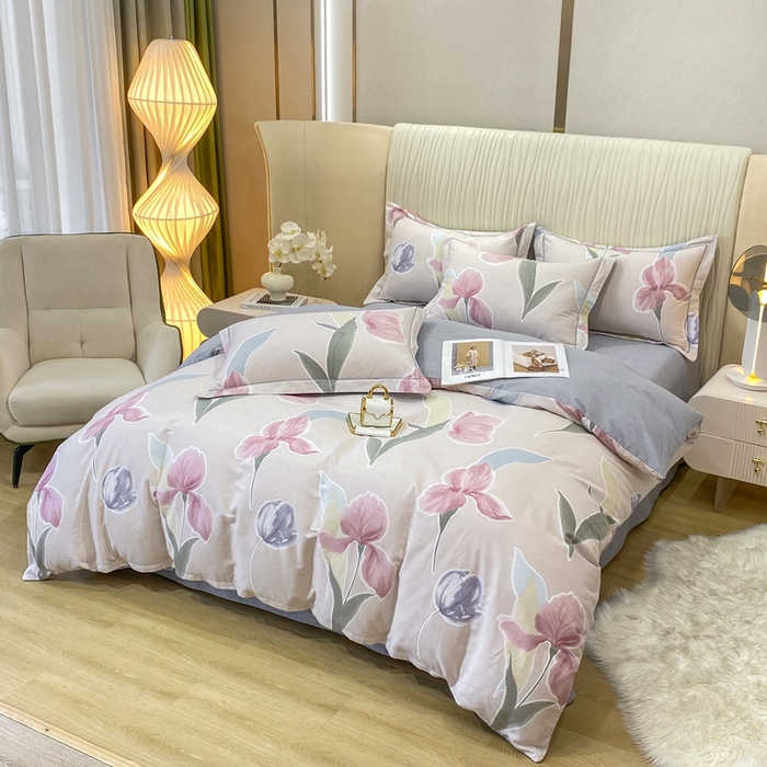 91家纺网 家纺一手货源 找家纺 昊翔家纺 2025新款100%全棉纯棉加厚磨毛四件套 轻盈花语-豆沙