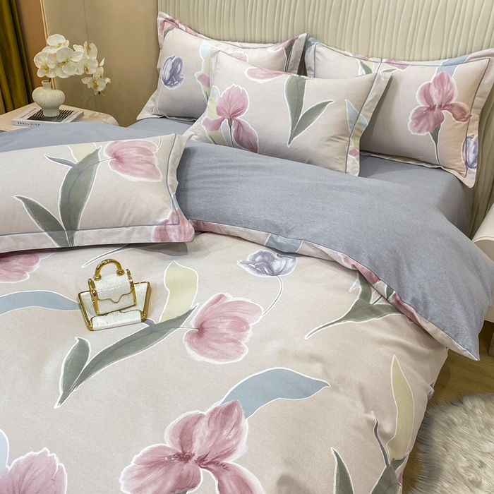 91家纺网 家纺一手货源 找家纺 昊翔家纺 2025新款100%全棉纯棉加厚磨毛四件套 轻盈花语-豆沙