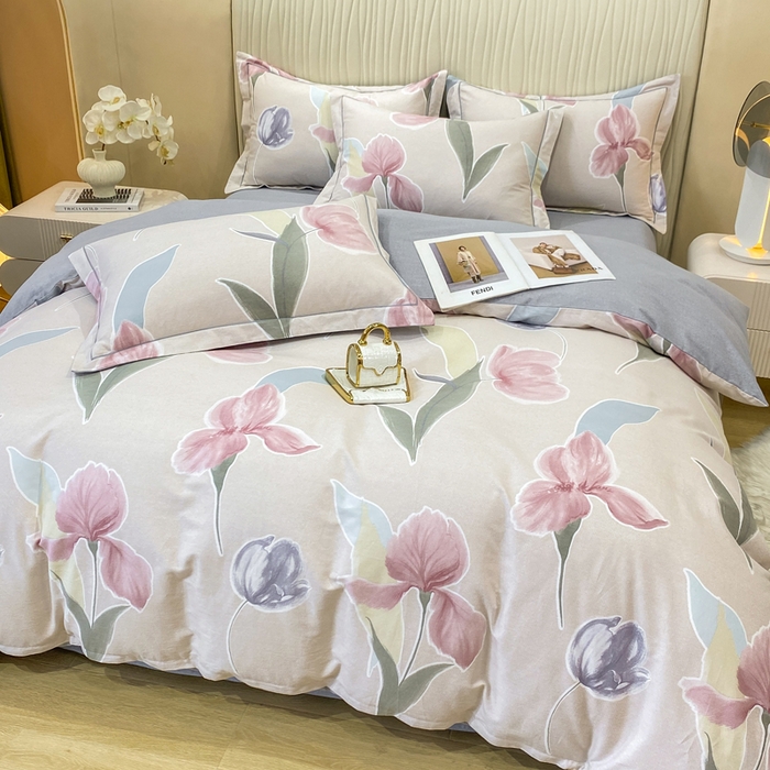 91家纺网 家纺一手货源 找家纺 昊翔家纺 2025新款100%全棉纯棉加厚磨毛四件套 轻盈花语-豆沙