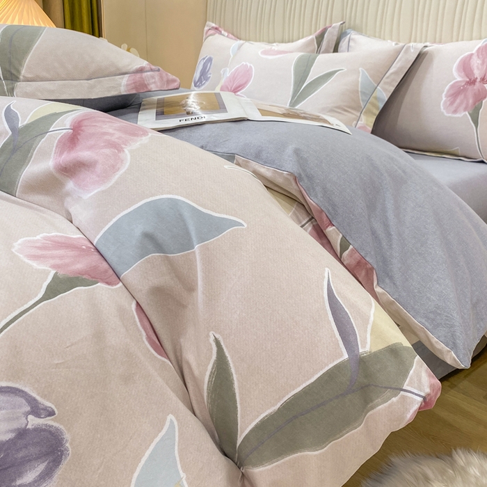 91家纺网 家纺一手货源 找家纺 昊翔家纺 2025新款100%全棉纯棉加厚磨毛四件套 轻盈花语-豆沙