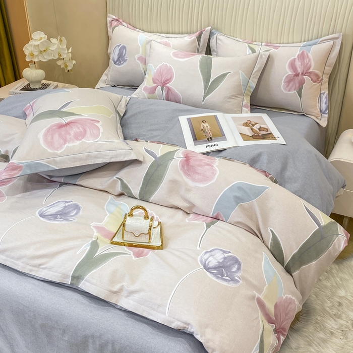 91家纺网 家纺一手货源 找家纺 昊翔家纺 2025新款100%全棉纯棉加厚磨毛四件套 轻盈花语-豆沙