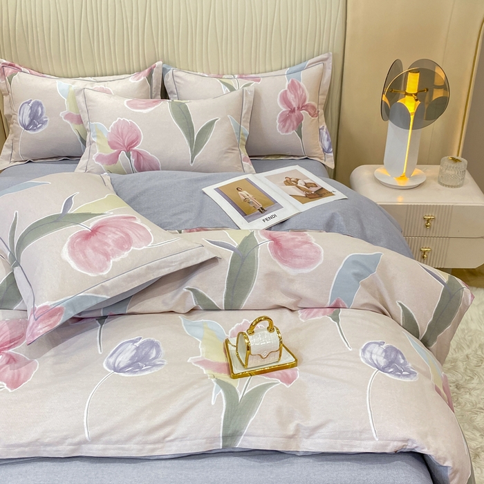 91家纺网 家纺一手货源 找家纺 昊翔家纺 2025新款100%全棉纯棉加厚磨毛四件套 轻盈花语-豆沙