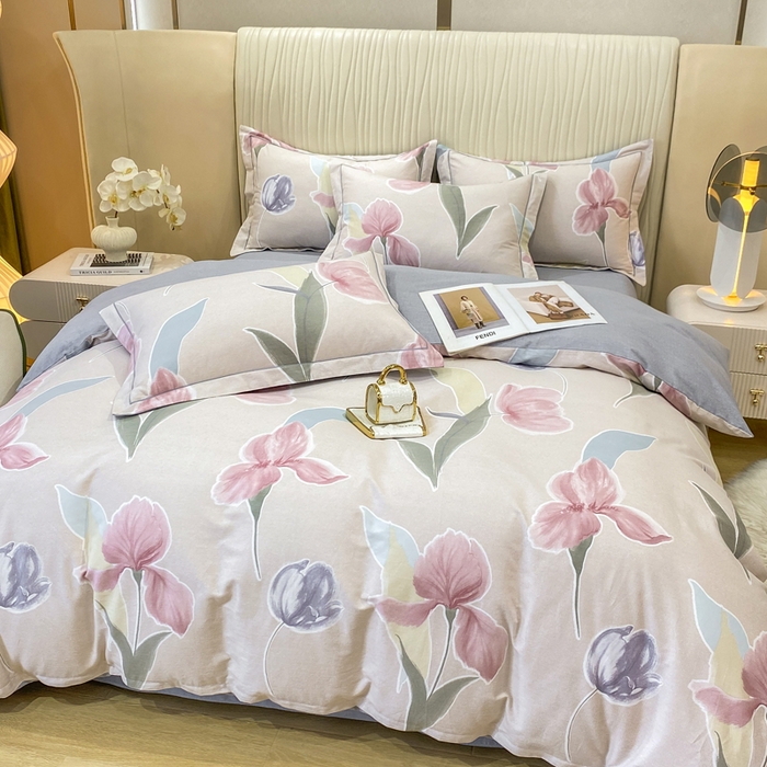 91家纺网 家纺一手货源 找家纺 昊翔家纺 2025新款100%全棉纯棉加厚磨毛四件套 轻盈花语-豆沙