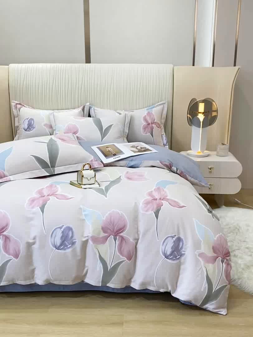 91家纺网 家纺一手货源 找家纺 昊翔家纺 2025新款100%全棉纯棉加厚磨毛四件套 轻盈花语-豆沙