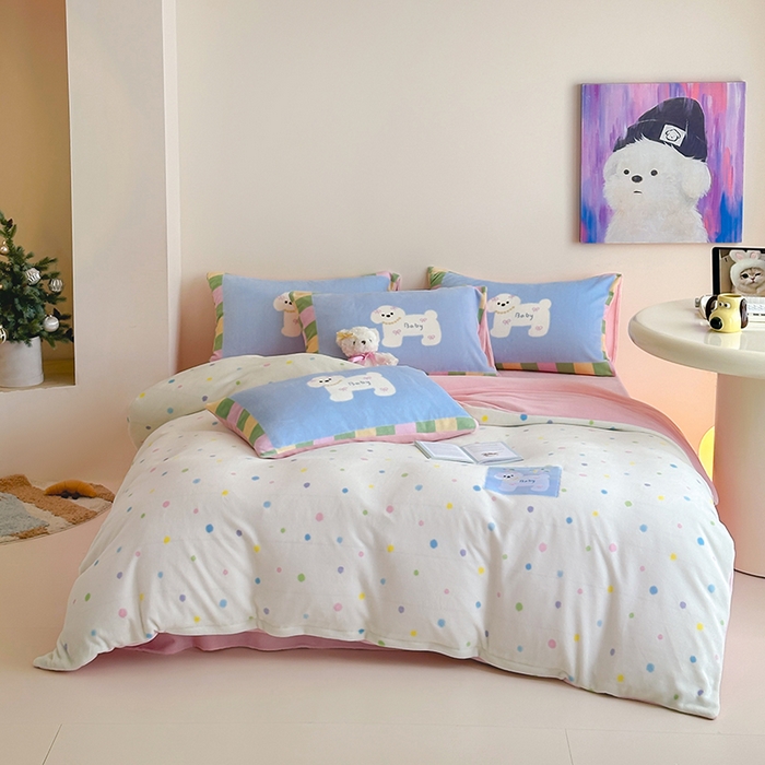 桃子家居 2025新款A类ins数码印花卡通织标混搭大版加厚牛奶绒系列四件套 绒-织标浪漫烟花狗