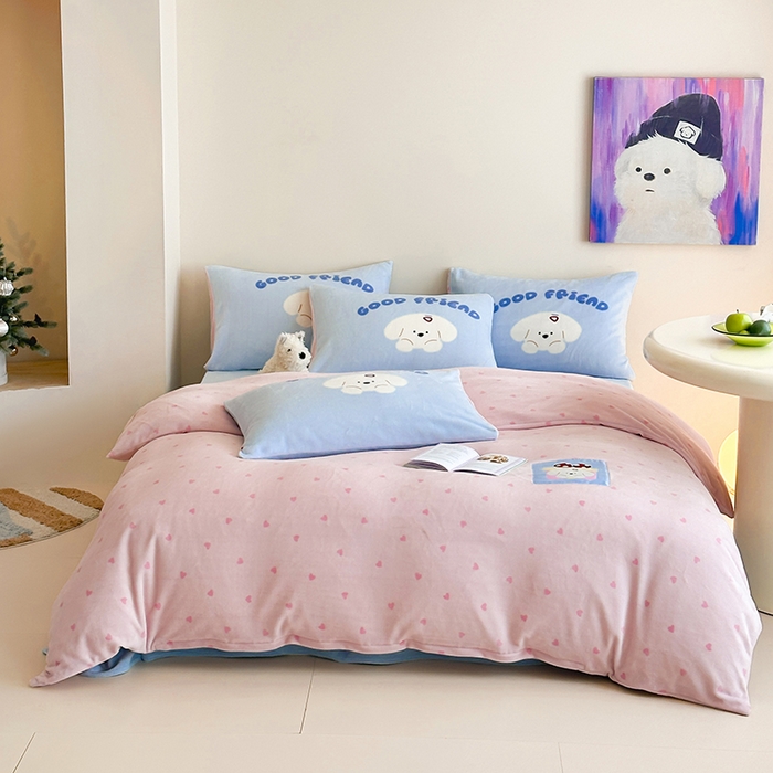 桃子家居 2025新款A类ins数码印花卡通织标混搭大版加厚牛奶绒系列四件套 绒-织标甜心粉粉