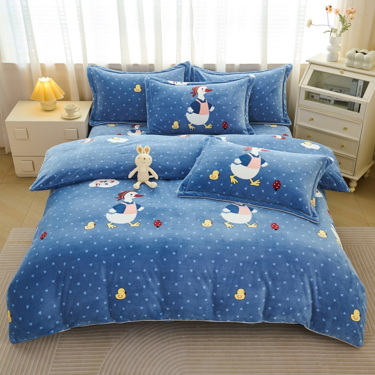 尚品凤凰2025新款高克重印花牛奶绒四件套-工艺款 大摆鸭-蓝