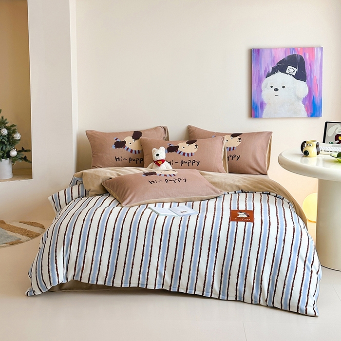 桃子家居 2025新款A类ins数码印花卡通织标混搭大版加厚牛奶绒系列四件套 绒-织标柚安围巾狗