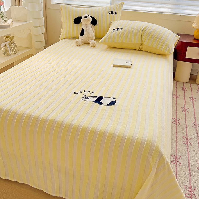 91家纺网 家纺一手货源 找家纺 繁花家居 2025新款经典条纹系列绣花牛奶绒单品床单床笠床单床笠单件 床单-黄条熊猫