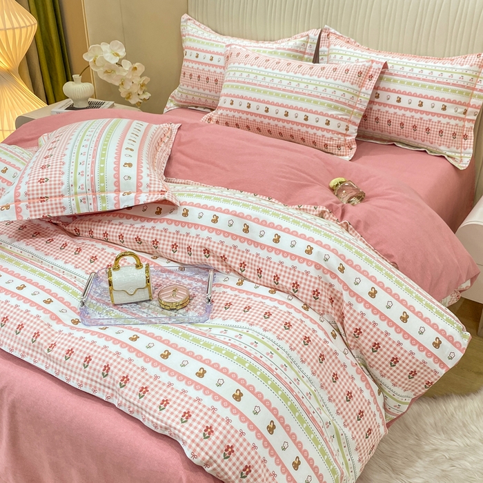 91家纺网 家纺一手货源 找家纺 昊翔家纺 2025新款100%全棉纯棉加厚磨毛四件套 小幸运-粉