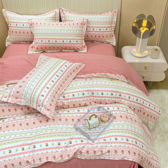 91家纺网 家纺一手货源 找家纺 昊翔家纺 2025新款100%全棉纯棉加厚磨毛四件套 小幸运-粉