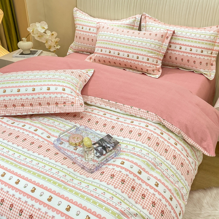 91家纺网 家纺一手货源 找家纺 昊翔家纺 2025新款100%全棉纯棉加厚磨毛四件套 小幸运-粉