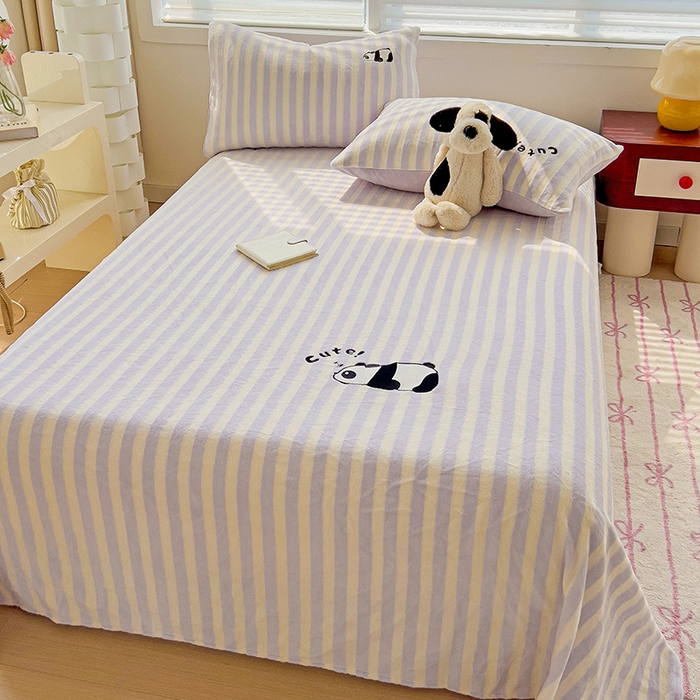 91家纺网 家纺一手货源 找家纺 繁花家居 2025新款经典条纹系列绣花牛奶绒单品床单床笠床单床笠单件 床单-紫条熊猫