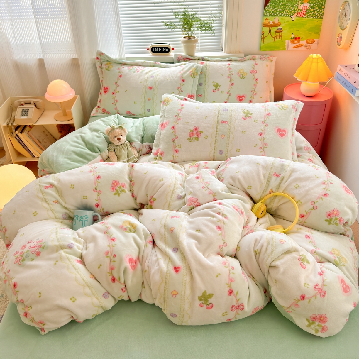 91家纺网 家纺一手货源 找家纺 铭宣 2025新款高克重牛奶绒印花保暖四件套床单床笠单被套款 爱丽丝花园