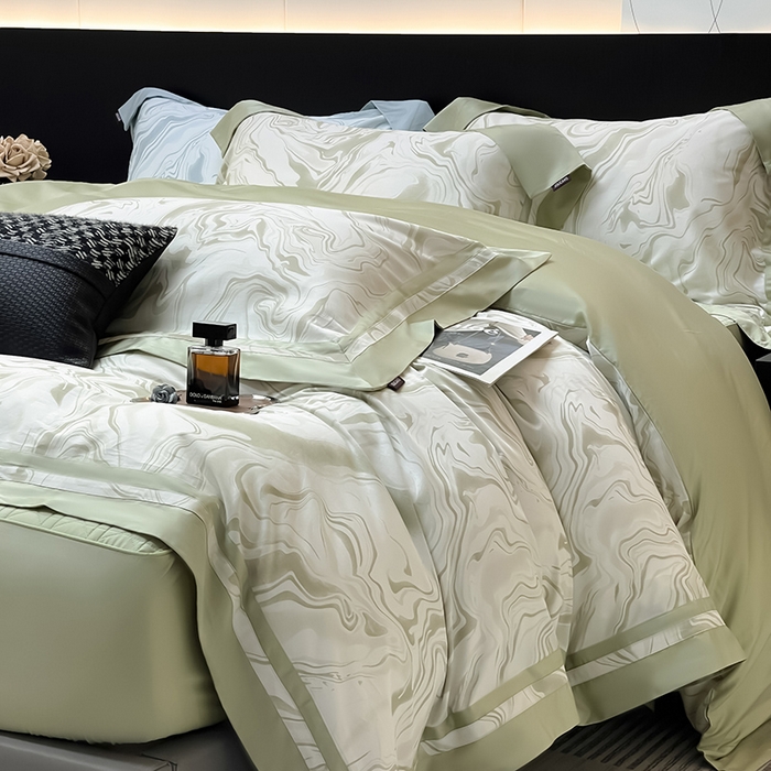 91家纺网 家纺一手货源 找家纺 2025新款直播爆款A类100支长绒棉夹棉床盖床笠四件套全棉纯棉床单加厚高端重工刺绣四季款床上用品 时漫-叶繁绿