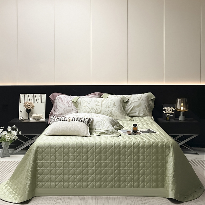 91家纺网 家纺一手货源 找家纺 2025新款直播爆款A类100支长绒棉夹棉床盖床笠四件套全棉纯棉床单加厚高端重工刺绣四季款床上用品 时漫-叶繁绿