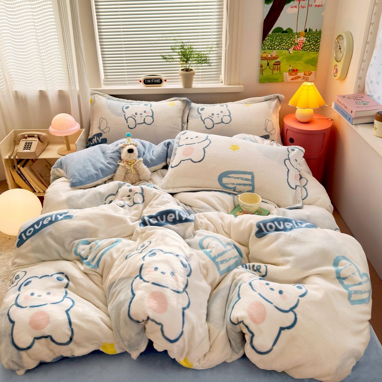 91家纺网 家纺一手货源 找家纺 铭宣 2025新款高克重牛奶绒印花保暖四件套床单床笠单被套款 爱心熊