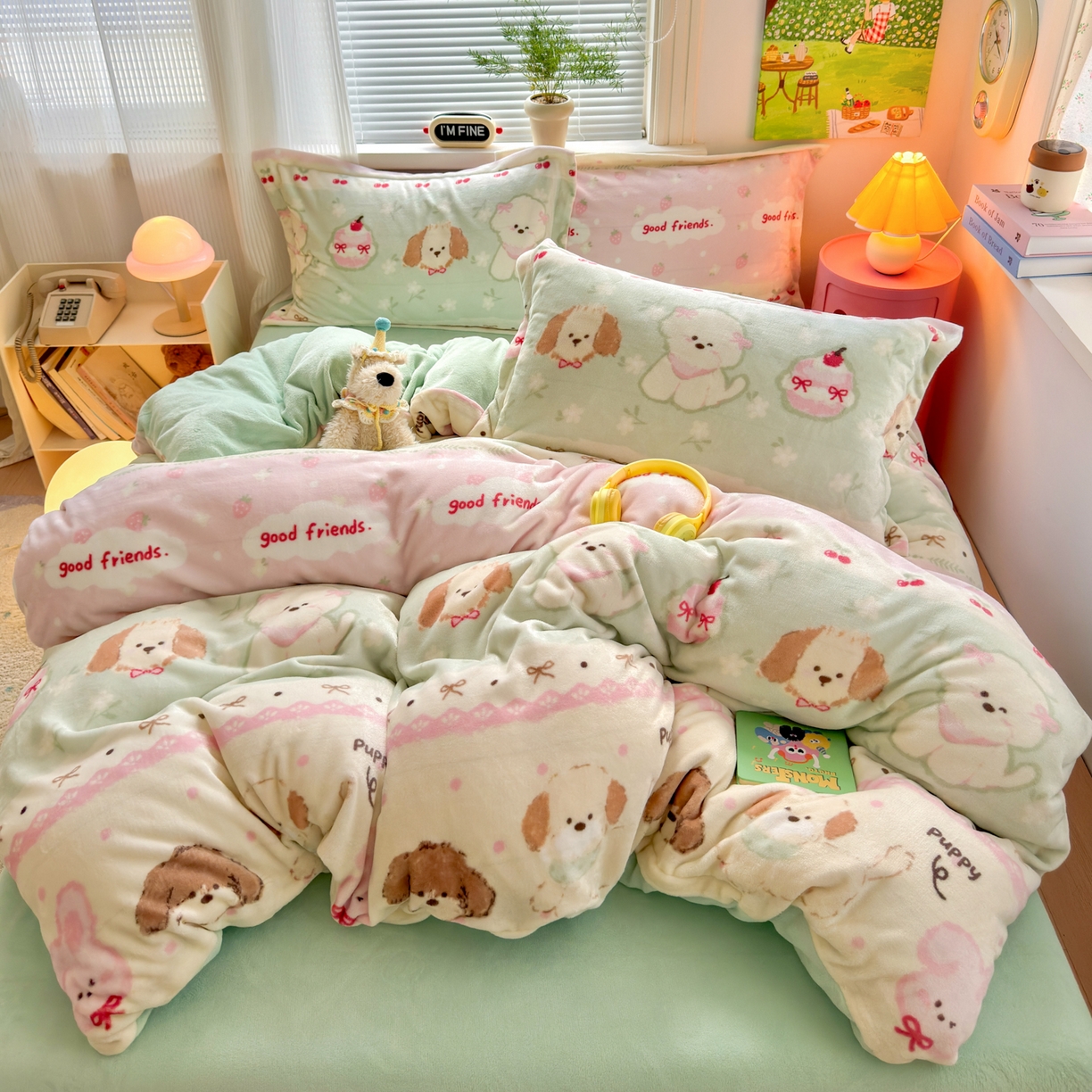 91家纺网 家纺一手货源 找家纺 铭宣 2025新款高克重牛奶绒印花保暖四件套床单床笠单被套款 春日萌犬