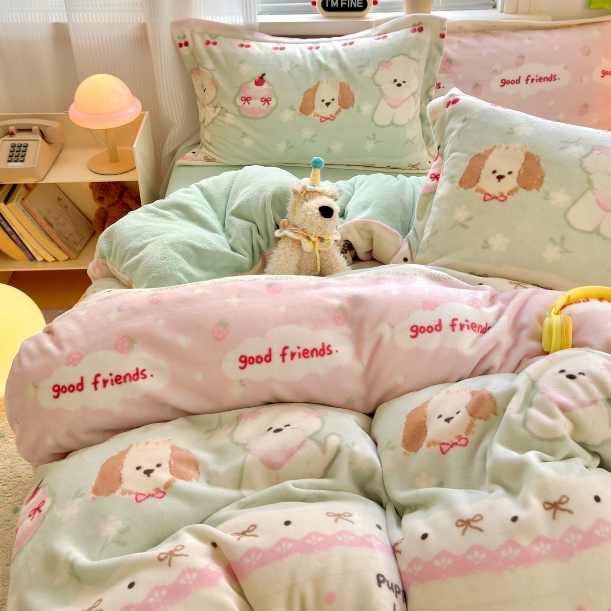 91家纺网 家纺一手货源 找家纺 铭宣 2025新款高克重牛奶绒印花保暖四件套床单床笠单被套款 春日萌犬