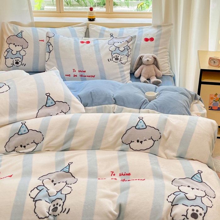 91家纺网 家纺一手货源 找家纺 铭宣 2025新款高克重牛奶绒印花保暖四件套床单床笠单被套款 高地犬-蓝