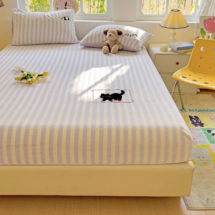 91家纺网 家纺一手货源 找家纺 繁花家居 2025新款经典条纹系列绣花牛奶绒单品床单床笠床单床笠单件 床笠-紫条小猫