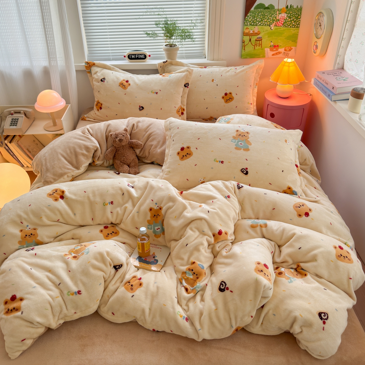 91家纺网 家纺一手货源 找家纺 铭宣 2025新款高克重牛奶绒印花保暖四件套床单床笠单被套款 黄油小熊