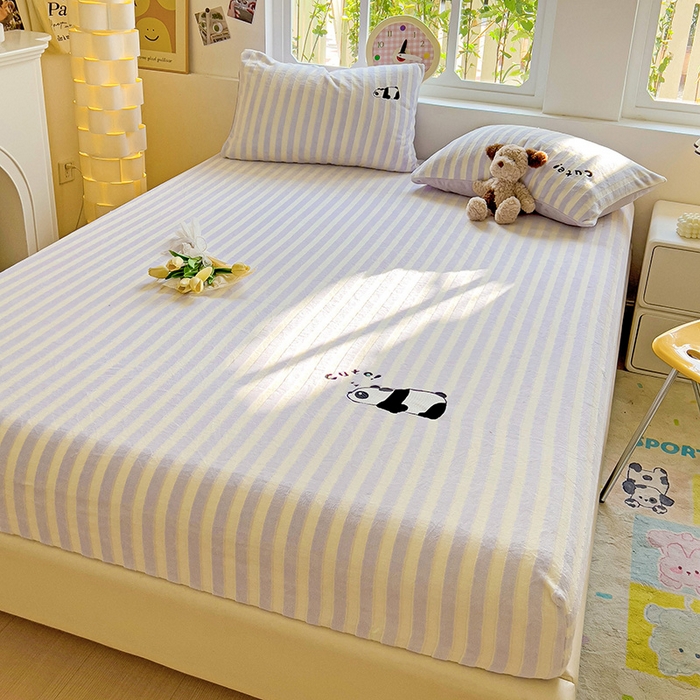 91家纺网 家纺一手货源 找家纺 繁花家居 2025新款经典条纹系列绣花牛奶绒单品床单床笠床单床笠单件 床笠-紫条熊猫