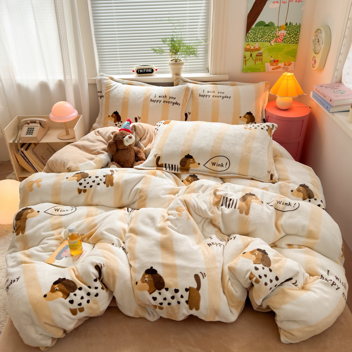 91家纺网 家纺一手货源 找家纺 铭宣 2025新款高克重牛奶绒印花保暖四件套床单床笠单被套款 腊肠狗