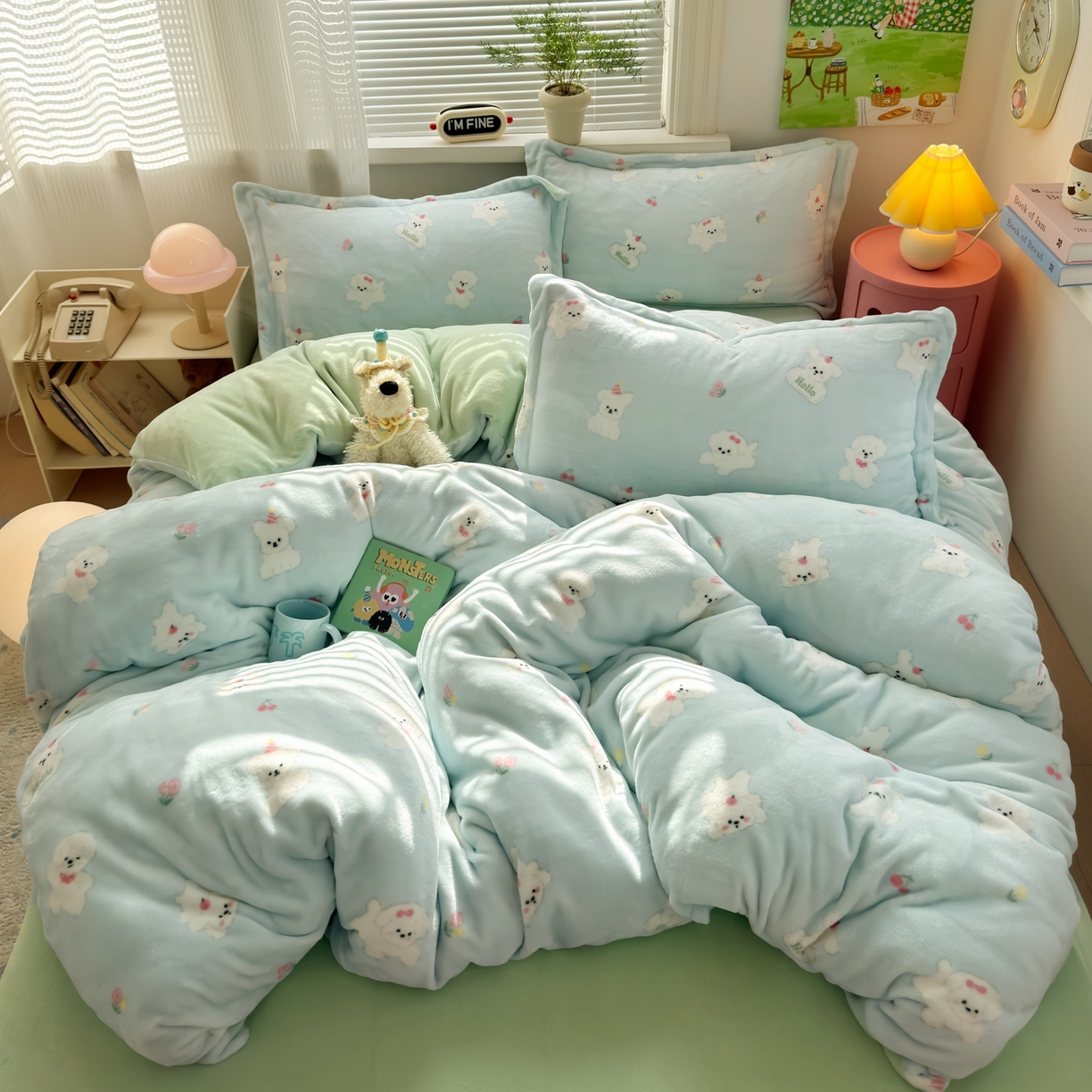 91家纺网 家纺一手货源 找家纺 铭宣 2025新款高克重牛奶绒印花保暖四件套床单床笠单被套款 蓝底小白狗