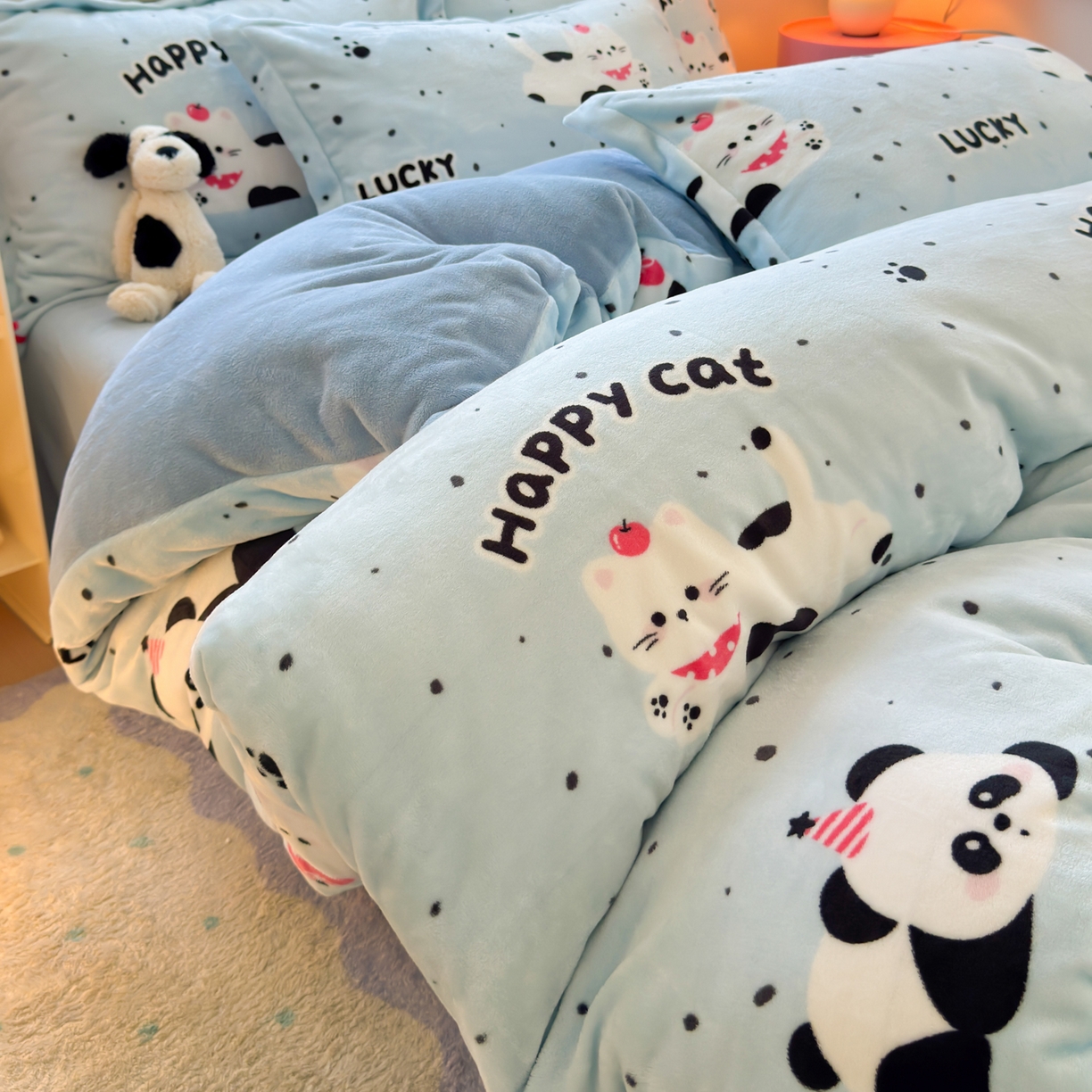 铭宣 2025新款高克重牛奶绒印花保暖四件套床单床笠单被套款 蓝调熊猫