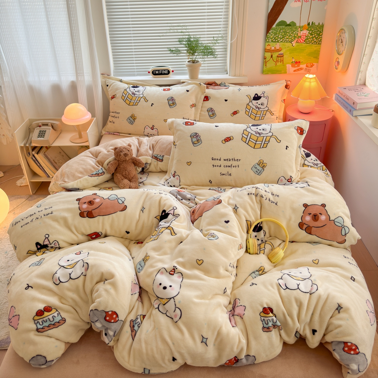 91家纺网 家纺一手货源 找家纺 铭宣 2025新款高克重牛奶绒印花保暖四件套床单床笠单被套款 奶油派对