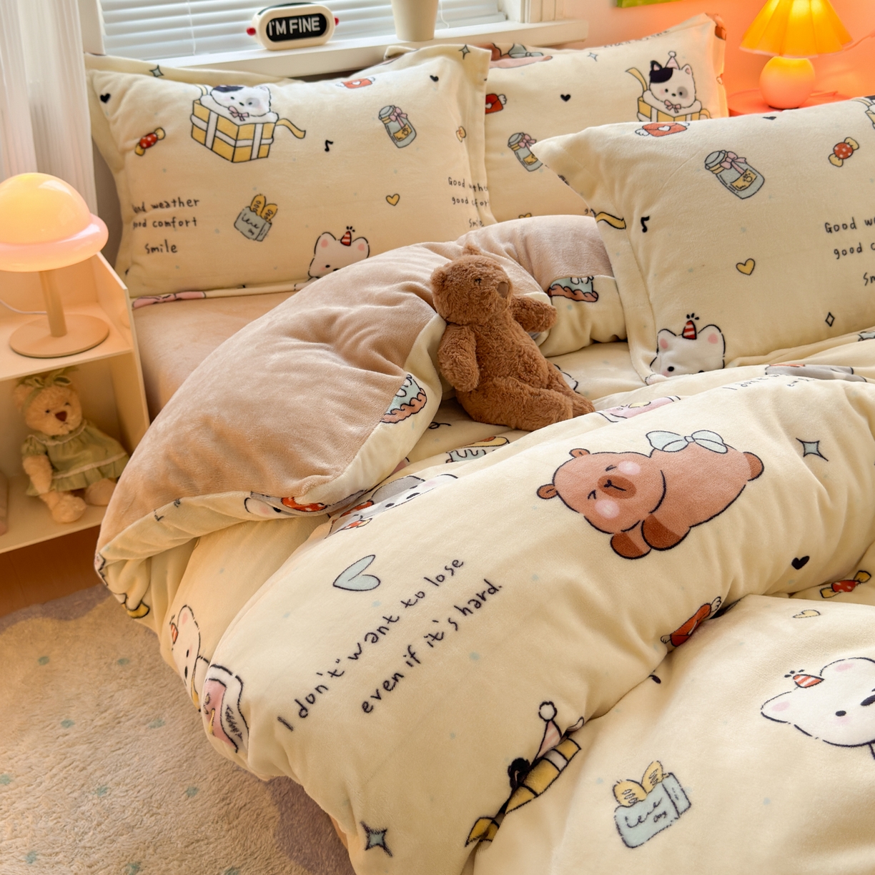 91家纺网 家纺一手货源 找家纺 铭宣 2025新款高克重牛奶绒印花保暖四件套床单床笠单被套款 奶油派对