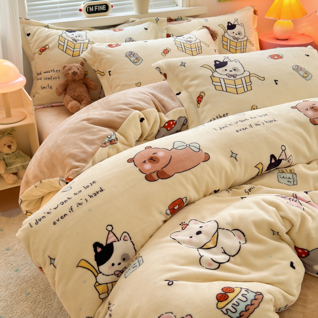 91家纺网 家纺一手货源 找家纺 铭宣 2025新款高克重牛奶绒印花保暖四件套床单床笠单被套款 奶油派对