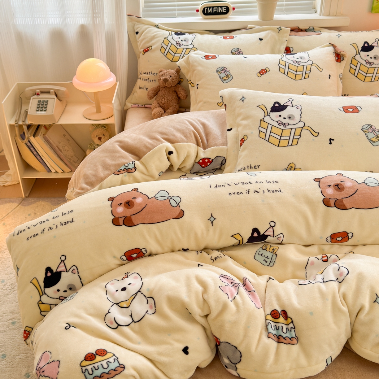 91家纺网 家纺一手货源 找家纺 铭宣 2025新款高克重牛奶绒印花保暖四件套床单床笠单被套款 奶油派对