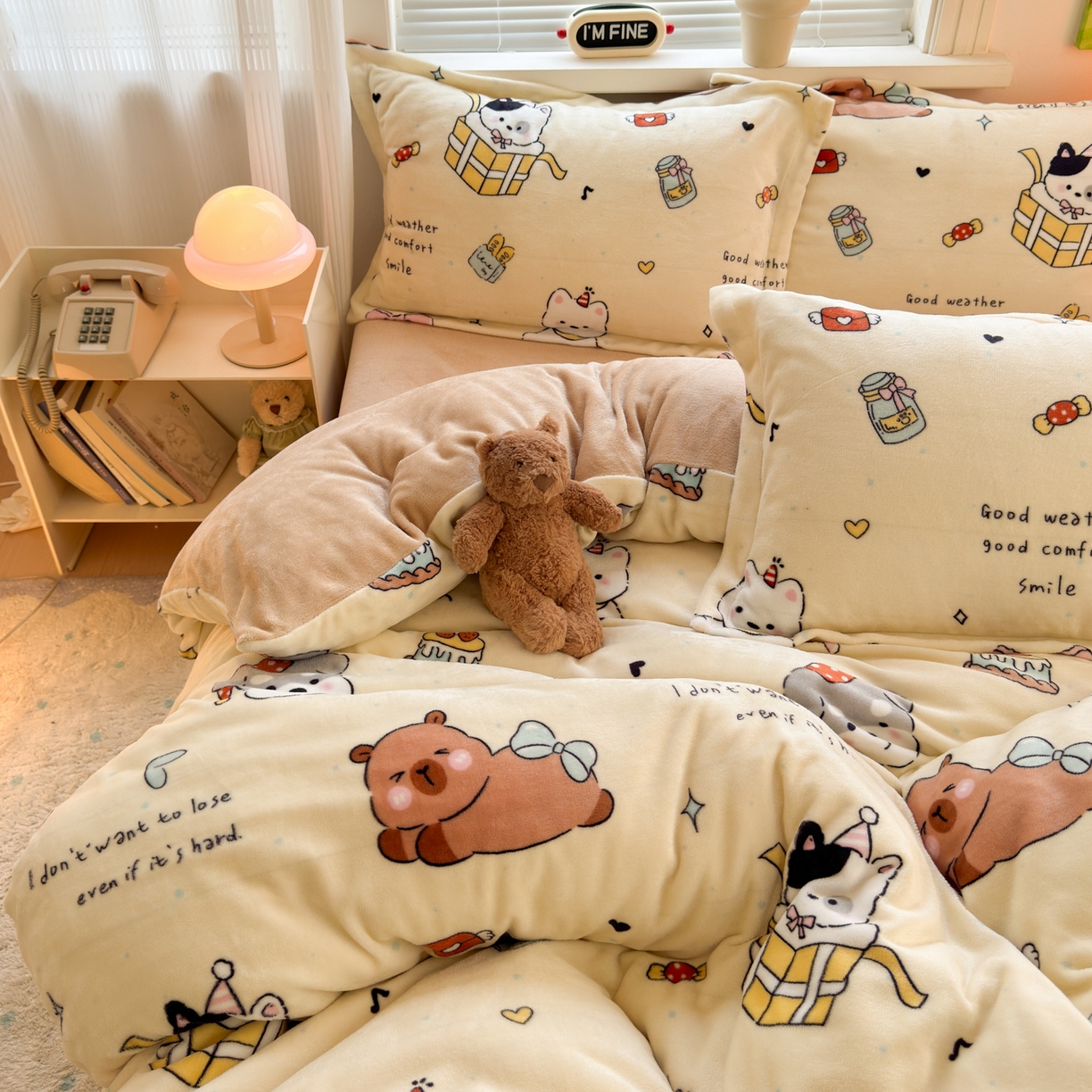 91家纺网 家纺一手货源 找家纺 铭宣 2025新款高克重牛奶绒印花保暖四件套床单床笠单被套款 奶油派对