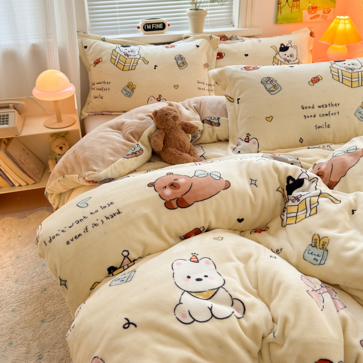 91家纺网 家纺一手货源 找家纺 铭宣 2025新款高克重牛奶绒印花保暖四件套床单床笠单被套款 奶油派对