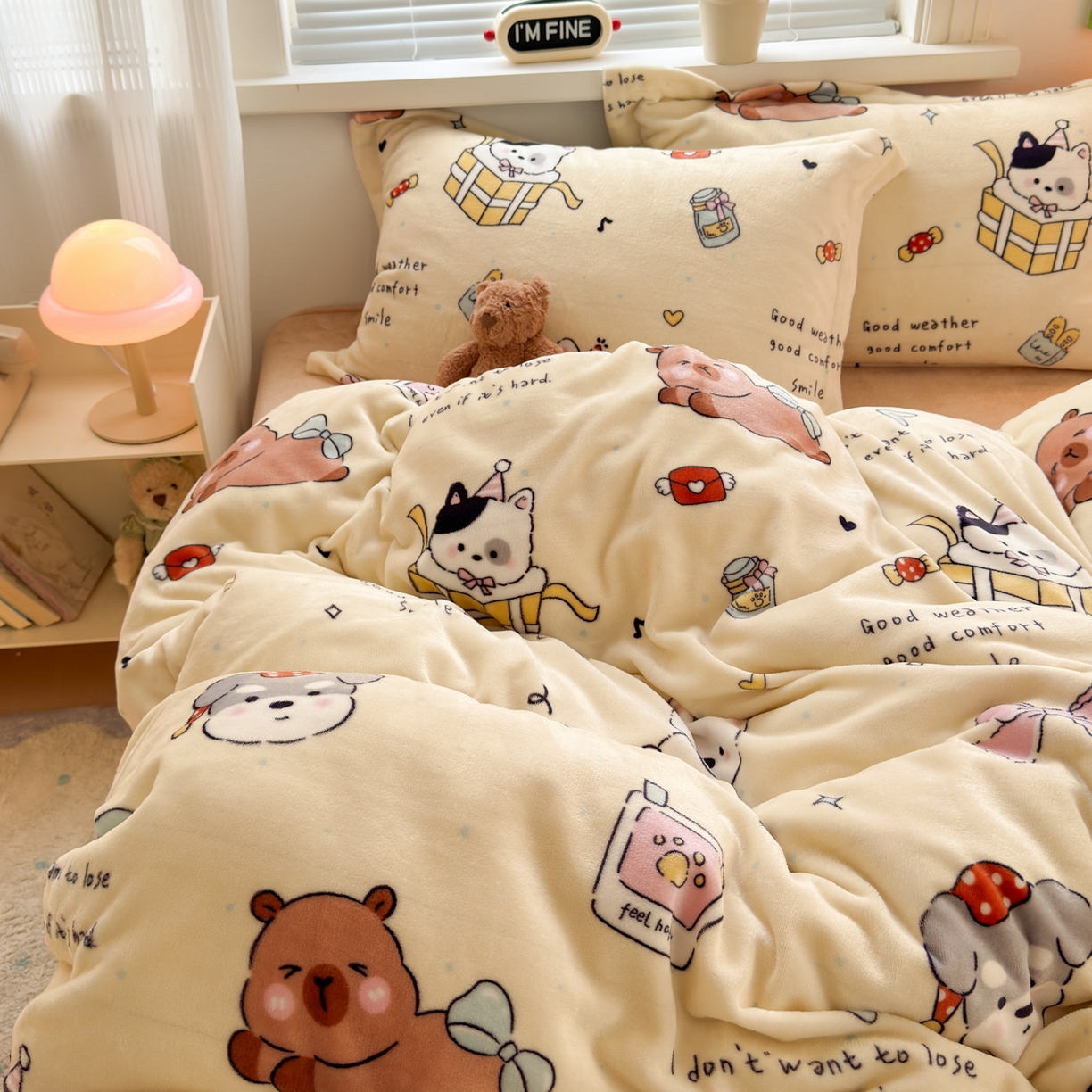 91家纺网 家纺一手货源 找家纺 铭宣 2025新款高克重牛奶绒印花保暖四件套床单床笠单被套款 奶油派对