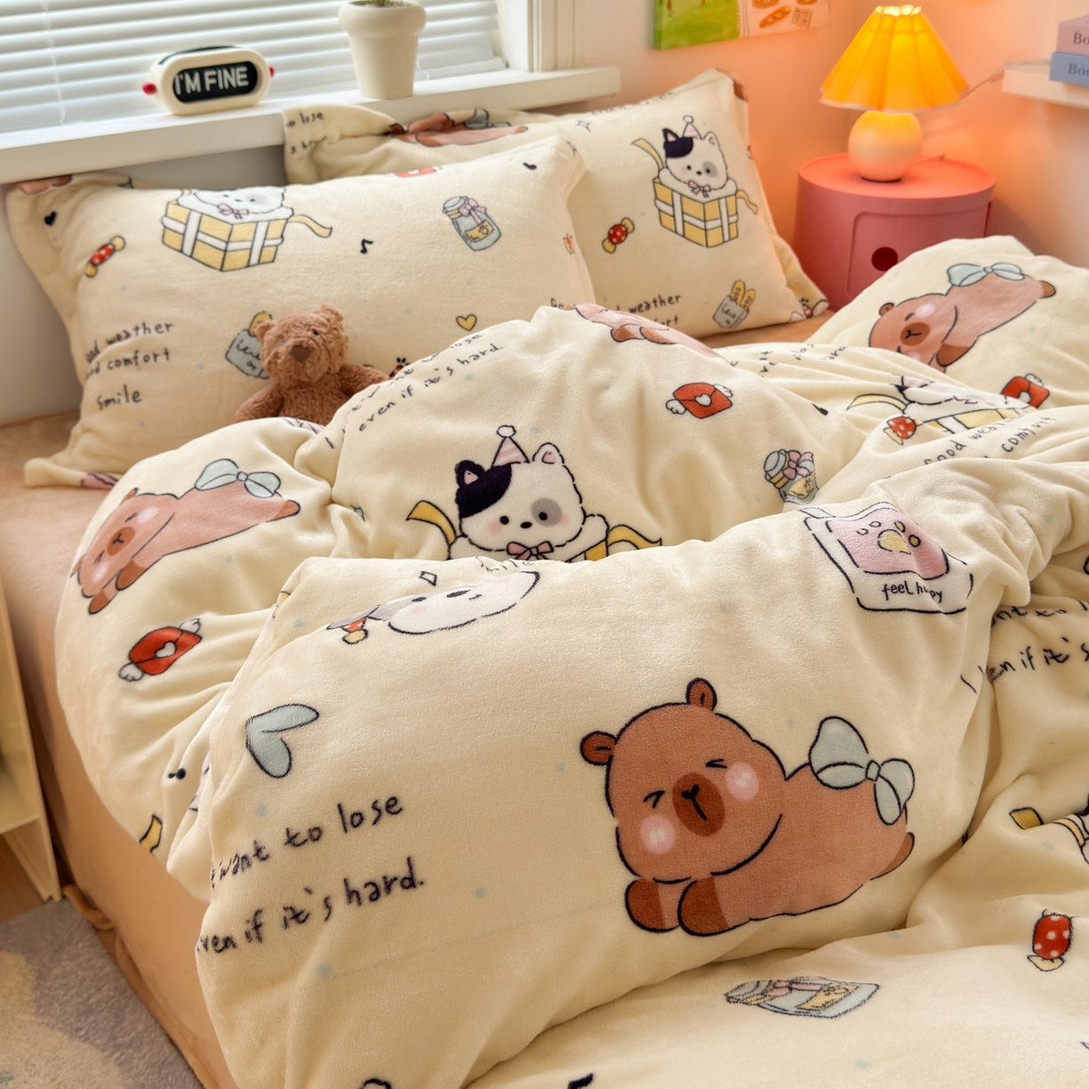 91家纺网 家纺一手货源 找家纺 铭宣 2025新款高克重牛奶绒印花保暖四件套床单床笠单被套款 奶油派对