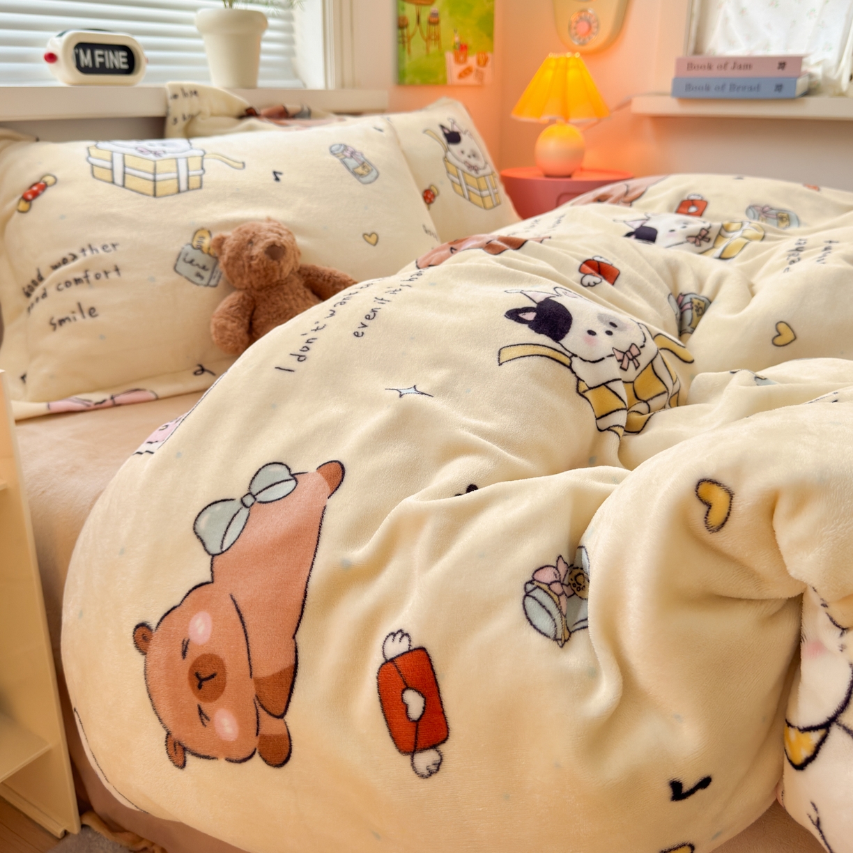 91家纺网 家纺一手货源 找家纺 铭宣 2025新款高克重牛奶绒印花保暖四件套床单床笠单被套款 奶油派对