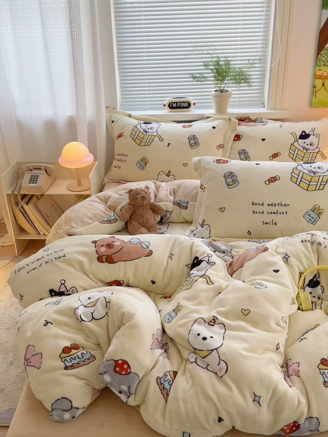 91家纺网 家纺一手货源 找家纺 铭宣 2025新款高克重牛奶绒印花保暖四件套床单床笠单被套款 奶油派对