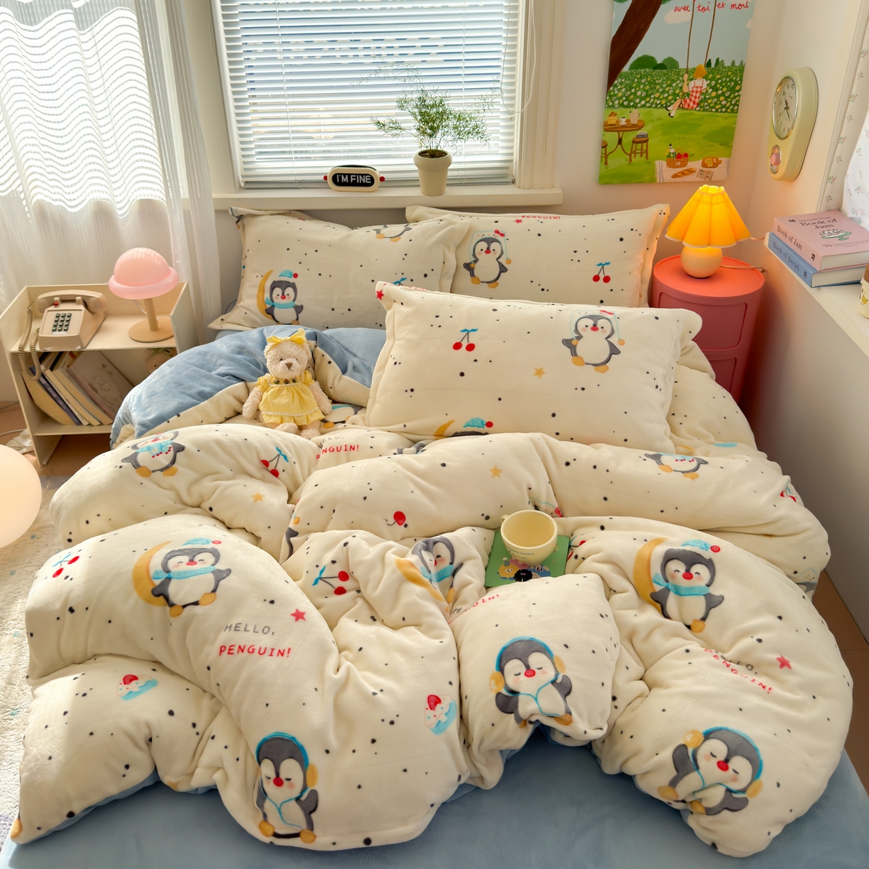 91家纺网 家纺一手货源 找家纺 铭宣 2025新款高克重牛奶绒印花保暖四件套床单床笠单被套款 企鹅乐园